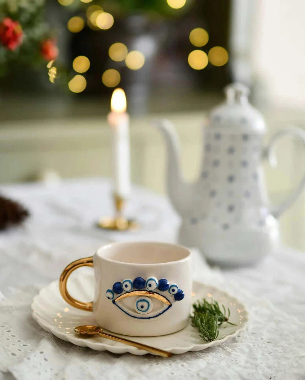 Handmade Evil Eye Ceramic Mug – Artisan Pottery with Gold Handle