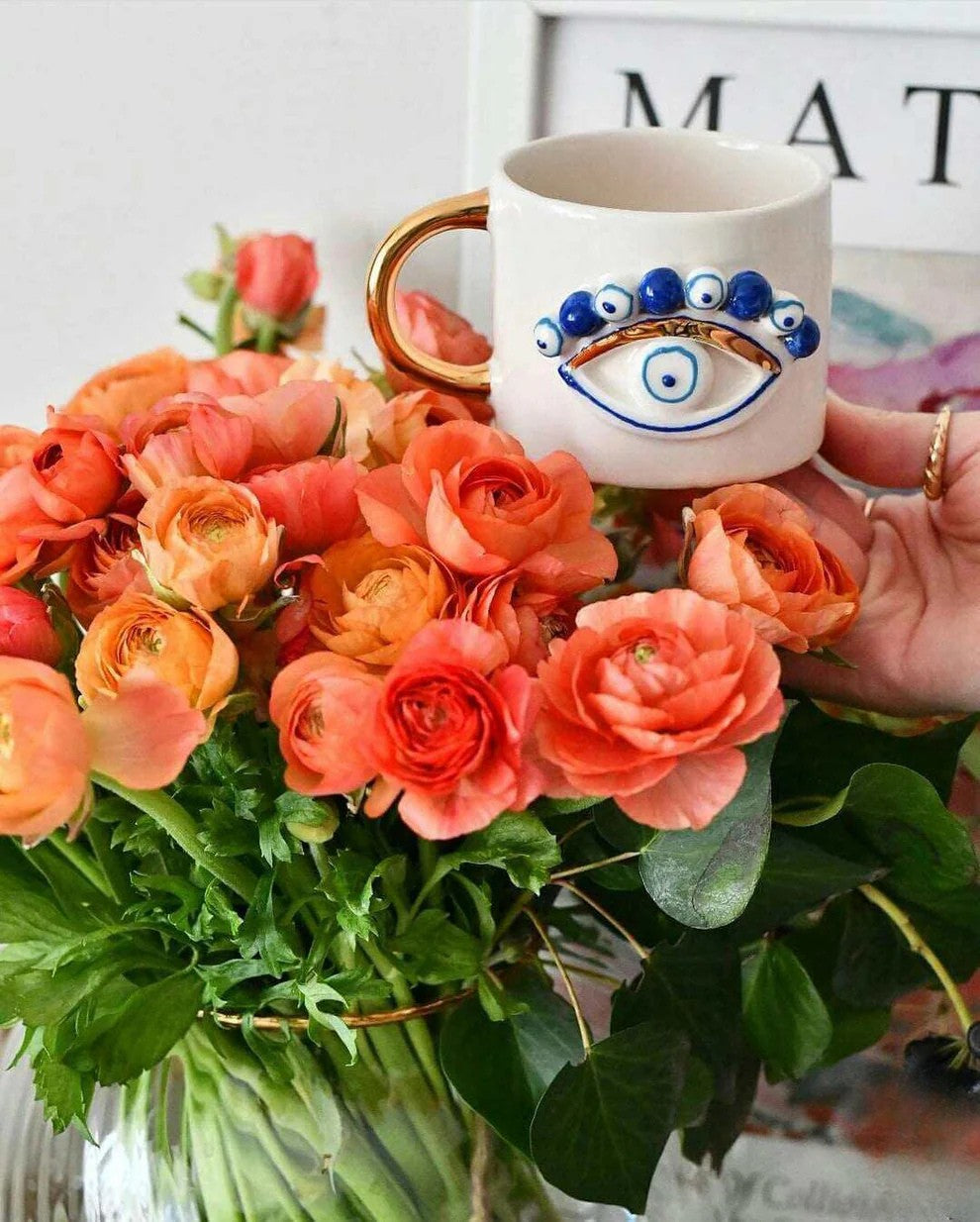 Handmade Evil Eye Ceramic Mug – Artisan Pottery with Gold Handle