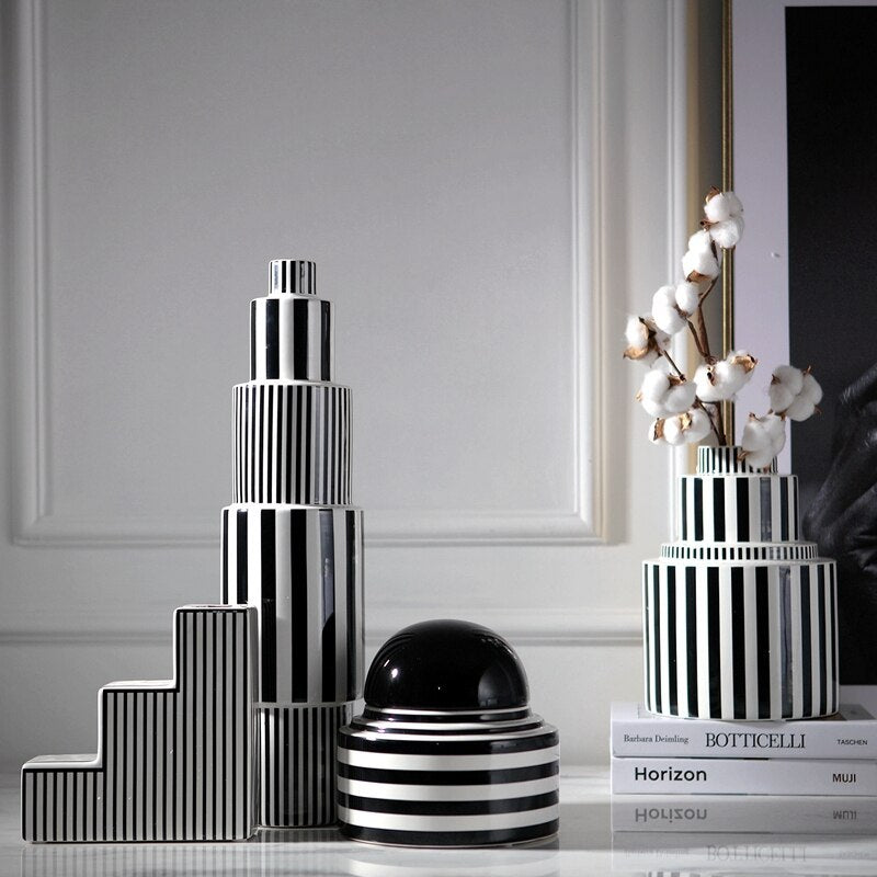 Black and White Striped Ceramic Vase