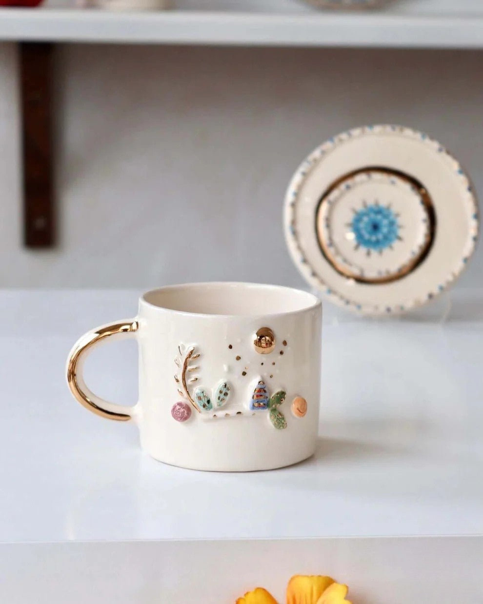 Handcrafted Ceramic Mug with Golden Handle – 3D Cottage Garden Design
