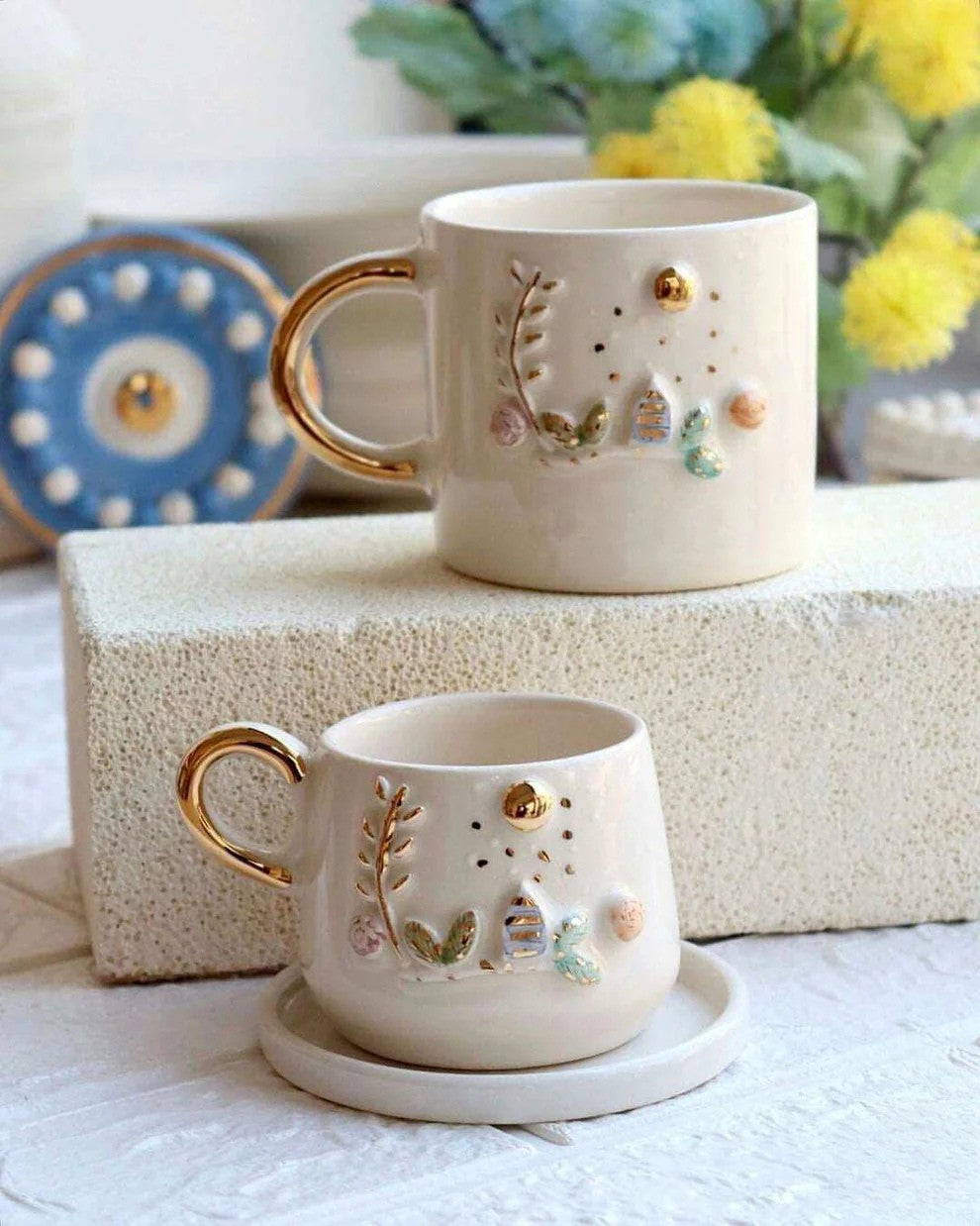 Handcrafted Ceramic Mug with Golden Handle – 3D Cottage Garden Design