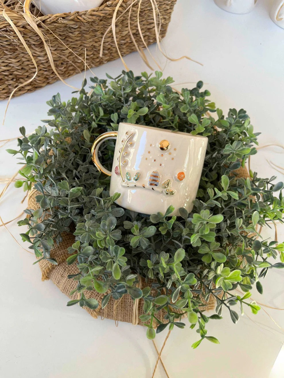 Handcrafted Ceramic Mug with Golden Handle – 3D Cottage Garden Design