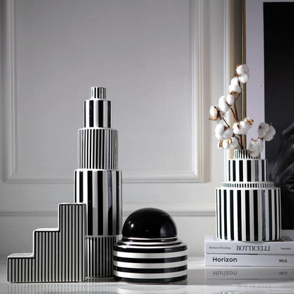 Black and White Striped Ceramic Vase